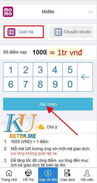 Chọn thành toán quét mã QR momo