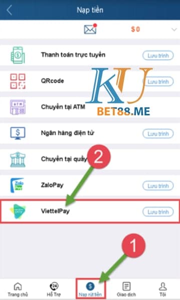 Giao diện nạp tiền ứng dụng Kubet