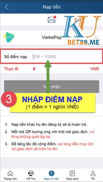 Giao diện nạp tiền bằng Viettel Pay ứng dụng Kubet